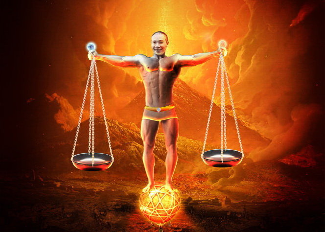 Hình thiết kế gốc diễn viên hài Công Lý đứng trên quả cầu lửa đăng trên Vietdesigner.net