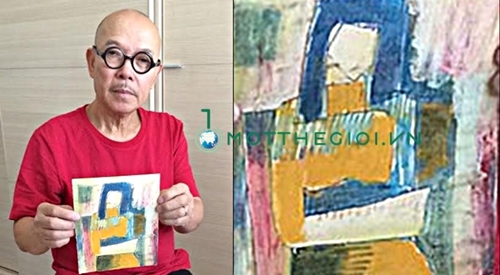 Họa sĩ Thành Chương cùng phác thảo bức 'Trừu tượng' - Ảnh: Ngô Hương.