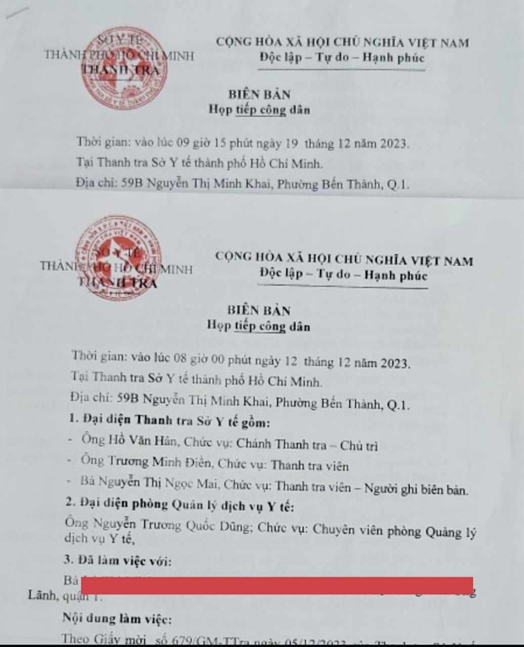2 biên bản làm việc của Thanh tra Sở Y tế với BS N. và Công ty LGI